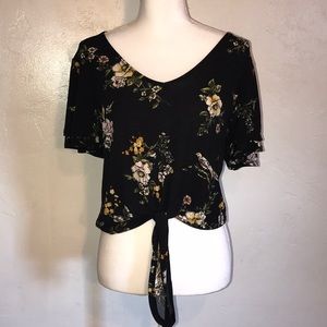 Black Sheer Cotton/Polyester Floral Blouse